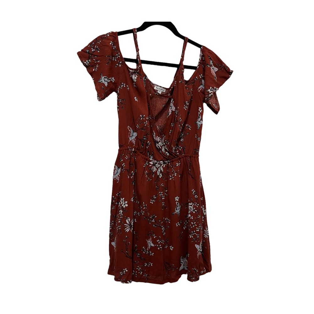 Love Fire Floral Brick Red Lined Boho Cold Shoulder Dress Tunic Womens Size L